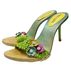 Vintage Two Lips Womens Size 8 Lace Strap Floral Wood Stiletto Heel Sandals